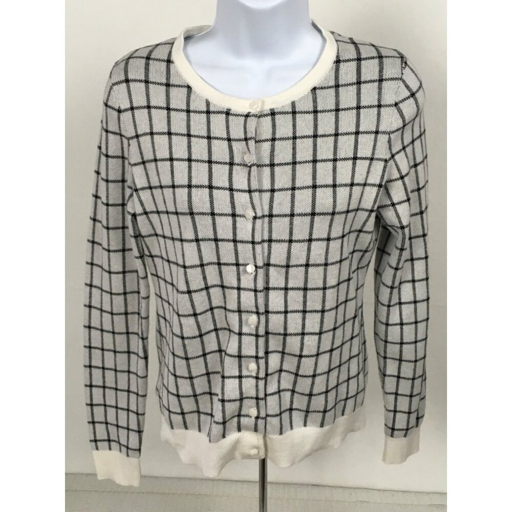 Ann Taylor Factory Womens Cardigan Sweater Size M Brown White Check Button Down